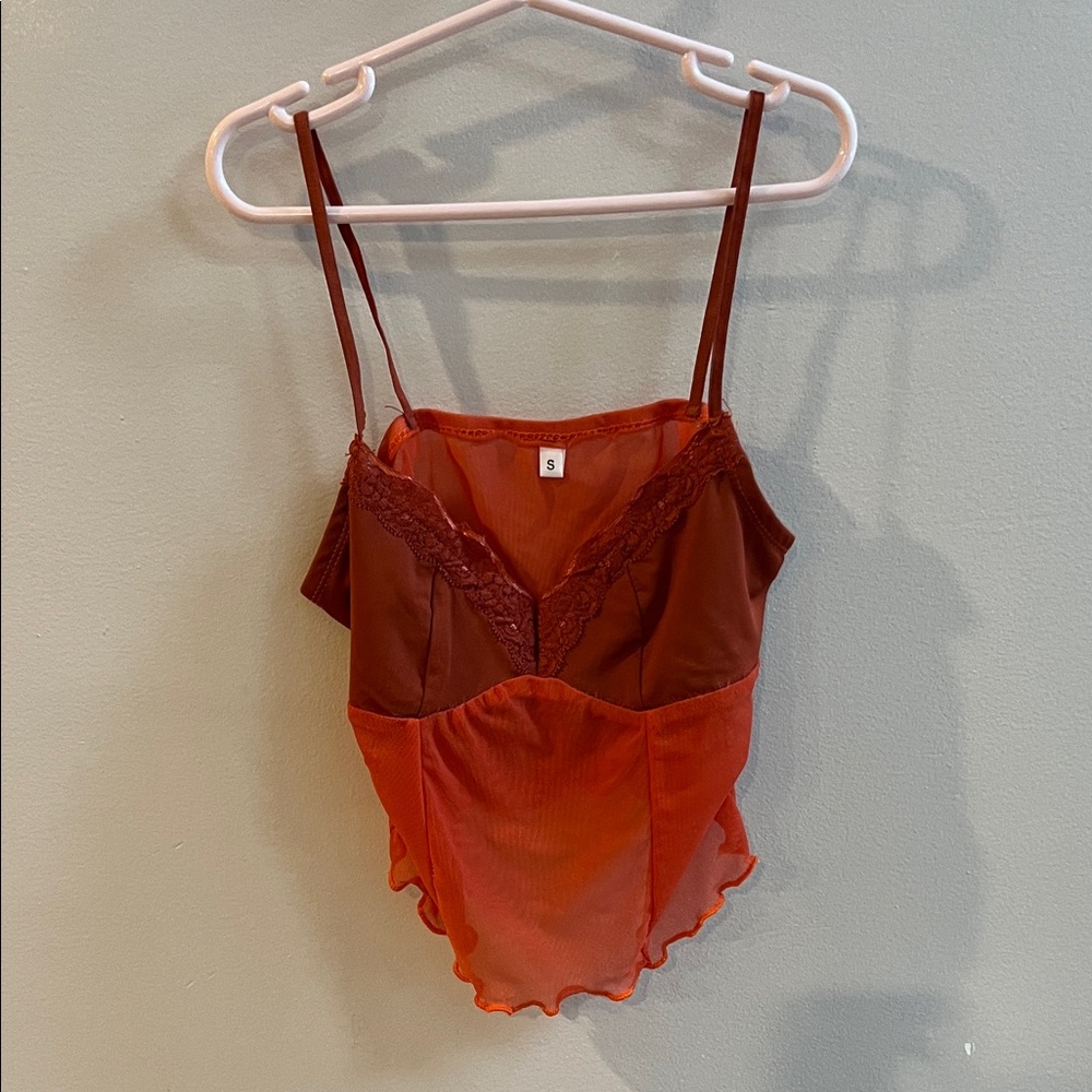 Rust/Burnt Orange and Lace Trim Cropped Cami Top